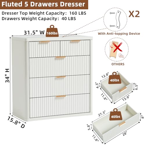 Image of LEYAOYAO Fluted 5 Drawers Dresser for Bedroom Set of 2, 34 inch Tall Modern Chest of Drawers with Metal Handle, Curved Profile Design,White Wood Drawer Organizer for Bedroom, Living Room, Hallway