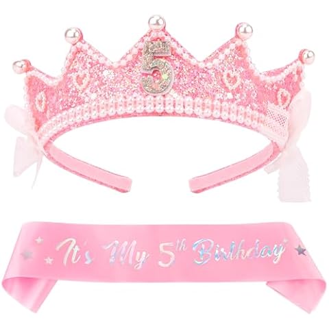 Chanaco 5th Birthday decorations Pearl Birthday Crown for 5 Year Old Girls 5th Birthday Sash and Tiara Outfit Pink Glitter Heart Headband Hair Accessories Cute Bow Headpieces for Party Cover