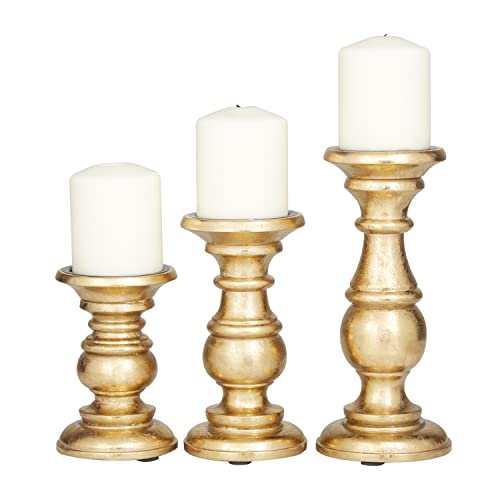 Deco 79 Traditional Mango Wood Pillar Candle Holder, Set Of 3 10", 8", 6"H, Gold #TOP5