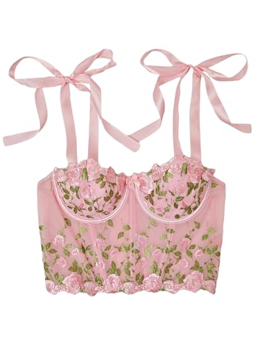 WDIRARA Women's Floral Embroidered Mesh Camisole Sheer Crop Top Tie Shoulder Sleeveless Bustier Corset Tops
