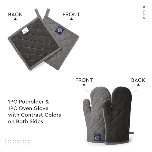 Image of Encasa XO 100% Cotton Apron Set for Women & Men with Adjustable Apron, Oven Gloves & Pot Holder (Pack of 3) Combo, Heat-Resistant, Soft & Durable for Cooking, Baking & Grilling (Grey)