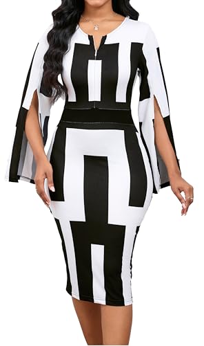 Women Sexy Dresses Bodycon Church 3/4 Sleeve African Print Pencil Party Office Dress Work with Split