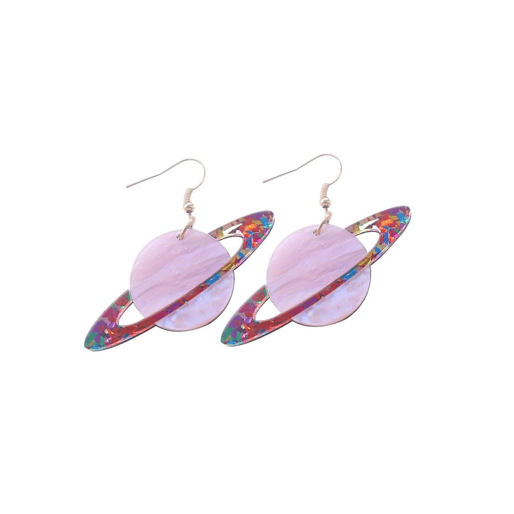 Acrylic Sequins Universe Dangle Earrings for Women Big Pink Purple Saturn Spaceship Moon Star Celestial Drop Fish Hook Dangling Lightweight Fashion