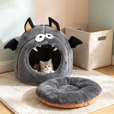 10 Inch Halloween Bat Themed Small Cozy Round Pet Bed for Puppy Kittens (Grey) - image 2