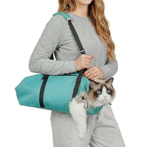 Pawfun Cat Carrier Pouch Soft Cat Grooming Restraint Bag for Vet Visits Nail Trimming Dental Care & Medication Comfortable Cats Carry Bag with Bottom Support for Car Travel Green XS