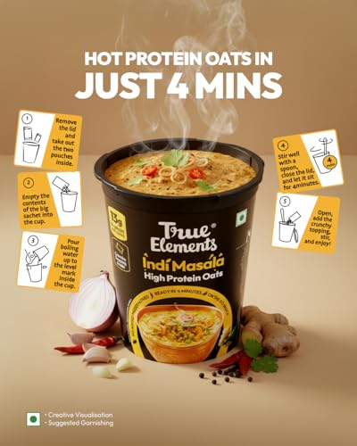 Image of True Elements Indi Masala Protein Oats 62g Pack of 3 | Spicy & Tangy Indian Masala Flavour | Savoury High Protein Oats Cup