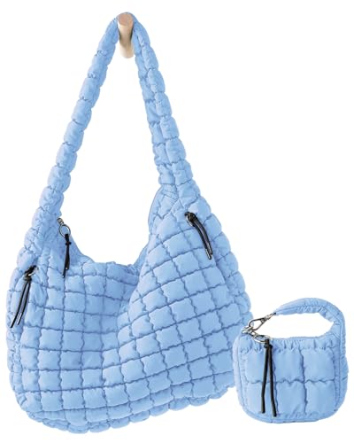 Image of Large Quilted Puffer Tote Bag for Women with Mini Pouch Puffy Crossbody Bags Purse Hobo Puff Shoulder Carryall Gym Travel
