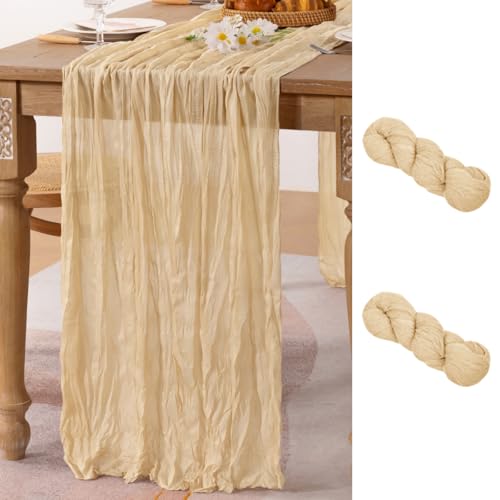 Image of MLMC 2 Pack Champagne Cheesecloth Table Runner 10ft Sand Rustic Gauze Cheese Cloth Table Runner 35x120 Inches for Farmhouse Cozy Holiday Outdoor Events Home Decor