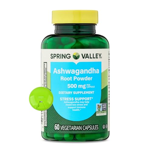 SUREFECT Spring Valley Ashwagandha Root Powder General Wellness Dietary Supplement Vegetarian Capsules 500 mg 60 Count Organizer.