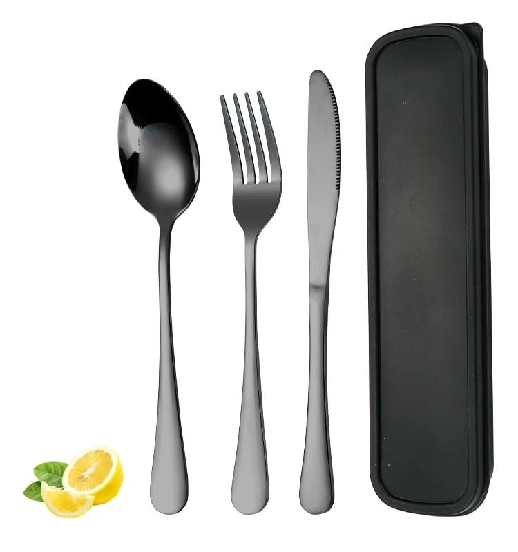 Image of Stainless Steel Cutlery Set with Tray, Spoon Knife Fork Set, Rust Resistant Mirror Finish Tableware, Dishwasher Safe, Daily Use Kitchen Dining Set, Black