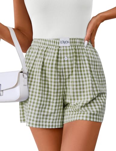 Image of LOMON Womens Boxer Shorts Casual Summer 2026 Pajama Lounge Sleep Pj Gingham Plaid Shorts Y2K Beach Bottoms
