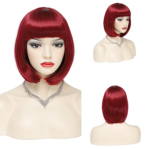 Short Bob Wigs with Fringes/Bangs for Women Premium Heat Resistant Synthetic Fiber Layered Hair Wigs for Daily Party/Halloween/Cosplay (#99J-Burgundy)