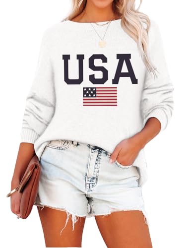 Lacozy Womens White Sweater American Flag Crewneck Patriotic Graphic Long