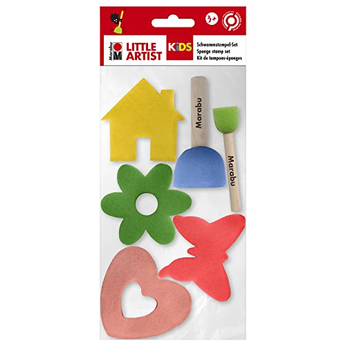 Marabu Kids Little Artist 0318000000012 Sponge Stamp Set for Children from 3 Years, Foam Stamp and Stencil Brush, Includes 2 Dabbing Brushes and 4 Painting Sponges
