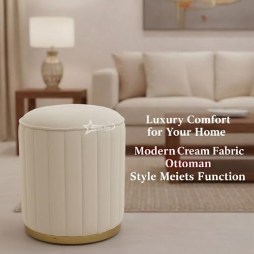 Image of Upholstered Round Linen Strip Stool Living Room Foot Rest Office Stool Pouf Ottoman Padded Seat - Cream
