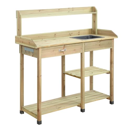 Convenience Concepts Deluxe Outdoors Potting Bench 46' - Garden Planting Station with Storage Shelves & Drawer, Weatherproof Horticulture Workstation for Backyard, Shed, Garage, Natural Fir
