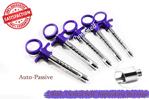 5 Each German Steel Self Aspirating Auto Passive Dental Syringe High Grade Single Ring 1.8mL Cynamed