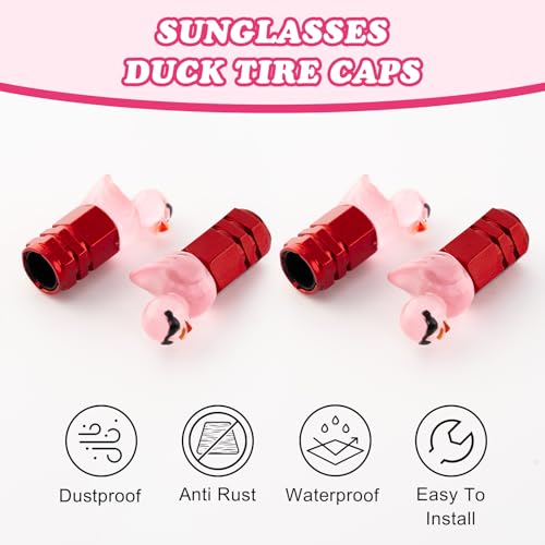 4Pcs Duck Tire Valve Caps, Funny Sunglasses Duck Valve Stem Caps Covers for Wheels, Decorative Cute Tire Valve Caps for Car Accessories (Hexagon Duck Red)