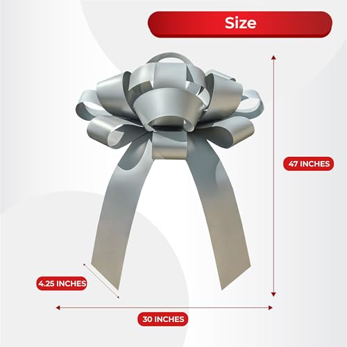 Image of CarBowz Big Car Bow for Decorations and Birthday Gifts, Large Ribbon, Magnet, Sticker Included, Fully Assembled 30 inch Wide Huge Bow, No Suction Cup Needed (Silver)