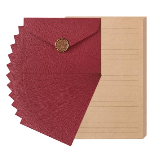 48 Pieces Stationery Set with Envelopes (24 Kraft Paper Sheets + 12 Linen Texture Envelopes+12 Wax Seal Stickers) Stationery Letter Writing Paper Set for Love Letters and Party Invitations (Red)