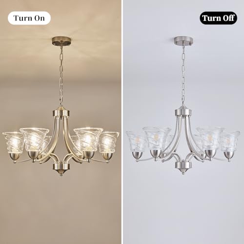 Image of Modern Brushed Nickel Farmhouse Chandelier 6 Light Silver Chandeliers for Dining Room Adjustable Height Hanging Light Fixture with Clear Glass Shade,Pendant Light Fixture for Living Room Hallway Foyer