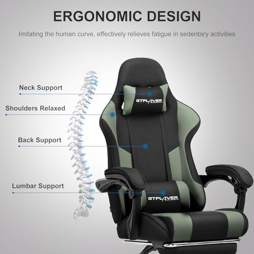 Image of GTPLAYER Gaming Chair, Computer Chair with Footrest and Lumbar Support, Height Adjustable Game Chair with 360-Swivel Seat and Headrest and for Office or Gaming (Green, Fabric)