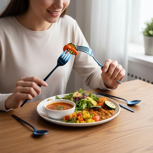 Image of 10 Pcs Blue Cutlery Set for Dining Table the Perfect Lightweight Silim Handle Tableware Including Dinner Spoon, Dinner Fork, Dinner Knife, Dessert Spoon & Dessert Fork