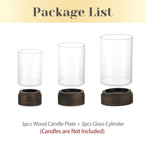 Hewory Hurricane Glass Candle Holder : Set of 3 Rustic Brown Candle Holders for Pillar Candles, Vintage Decorative Wood Stand with Clear Glass for Weddings,Christmas,Table Centerpiece,Home Decor