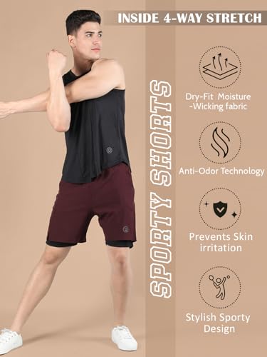 Image of CHKOKKO Double Layered Gym Shorts for Men Workout | Compression Inner Layer with Pockets Across Inner Outer and Back | Dry Fit Sports Athletic wear for Running Jogging or Training