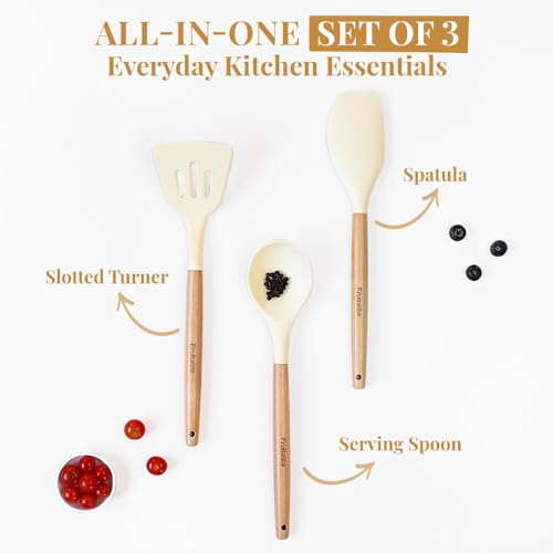 Image of Fruitalite Silicone Spatula Set- 3 Pcs | Non-Stick Kitchen Utensils with Wooden Handle- BPA Free, Heat Resistant Set, Non Toxic Premium Cookware Tools for Cooking, Baking & Mixing- Beige