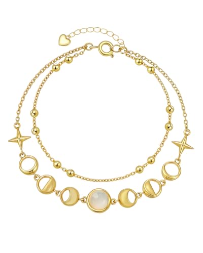 Moonstone Moon Phase Link Bracelet for Women, 14K Gold Plated Celestial New Full Moon Lunar Charm Double Layered Chain Gift for Birthday Christmas Boho Spiritual Jewelry for Wife Girlfriend Daughter