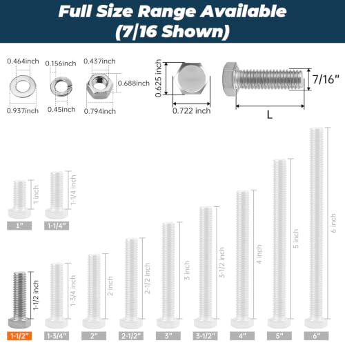 Image of 8 Sets Glvaner 7 /16-14 x 1-1 /2 inch Stainless Steel Hex Head Screws Bolts, Nuts, Flat & Lock Washers, 18-8 (304) Stainless Steel, Full Thread, Coarse Thread