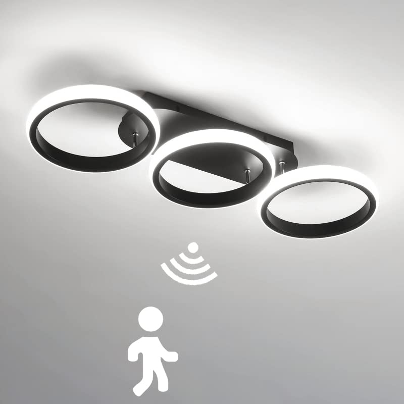 LED Modern Hallway Ceiling Light with Motion Sensor Indoor 30W Ring Black Ceiling Lamp with Daylight Sensor for Hallway Porch Stairway Living Room Garage Bedroom Kitchen Balcony Lighting (6000K) [Energy Class A++]