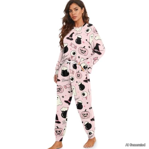 Image of Womens Lounge Set Long Sleeve Soft Pajama Sets | Casual 2 Piece Pj Outfit, Crewneck Sleepwear with Pockets, Adjustable Drawstring, Soft Comfy Fall Pajamas, Plus Size