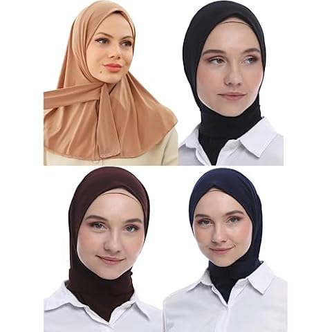 Bundle of Marwa Fashion Muslim Hijab for Women - (Light Taupe, Black, Brown & Dark Navy) Premium Quality hijab scarf for women made up of 100% Stretchable Polyester, Instant hijab Cover