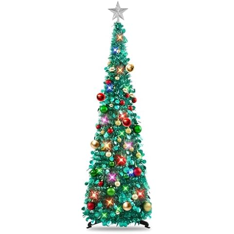 N&T NIETING Pop Up Christmas Tree with Lights & 30 Balls, 5Ft Collapsible New Green Tinsel Christmas Tree Decorations, Pencil Christmas Tree Skinny Christmas Tree for Holiday Xmas Home Office Decor Cover