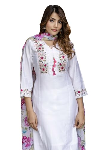 TRENDMALLS Women's Viscose Silk Embroidery A-line Kurta Pant Salwar Suit Set (G292-White-M)