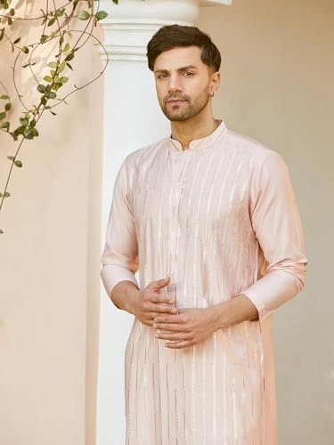 Image of See Designs Men Full Sleeve Chanderi Silk Sequins Mandarin Collar Side Slit Kurta