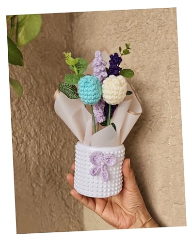 1 pc Handmade Artificial Crochet Flower Bouquet | Crochet Flower Bouquet | Decorative Flowers Bunch | Home & Office Table Décor | Valentine's Day, Anniversary & Birthday Gift (White & Blue)