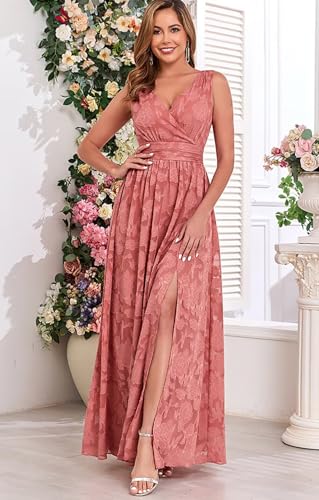 Floral Bridesmaid Dresses for Women 2025 V-Neck Elastic Floor Length Formal Maxi Dress with Side Slit NA1703