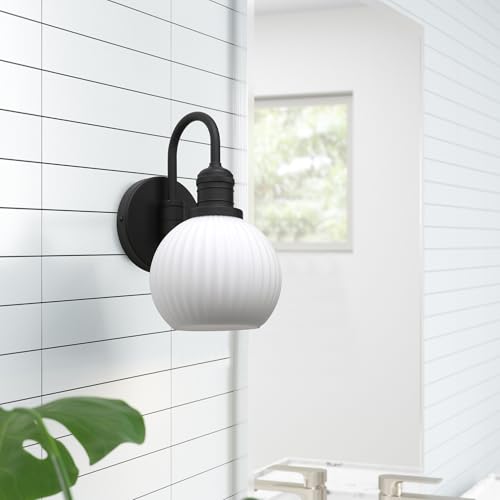 Image of Yosoan Boho Brass Vintage Bathroom Wall Sconce with Striped Shade, 1-Light Indoor Industrial Hardwired Wall Mounted Fixture, Frosted Milky White Ribbed Glass Shade for Bedroom Hallway(Black)