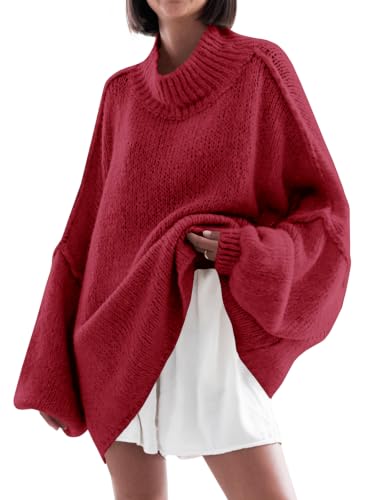Image of Saodimallsu Womens Oversized Sweaters Mock Neck Batwing Long Sleeve 2026 Fall Trendy Ribbed Knit Casual Tunic Sweater