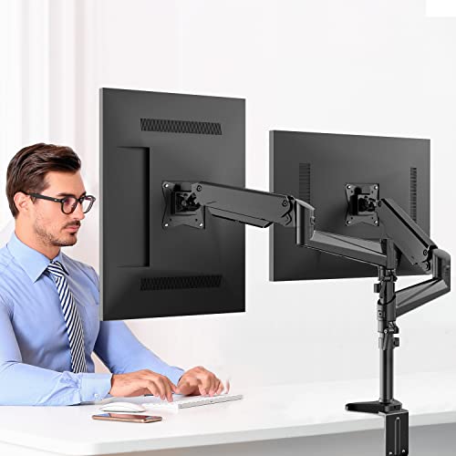 Image of HUANUO Dual Monitor Mount Stand - Aluminum Gas Spring Arm Height Adjustable Monitor Desk Mount VESA Bracket for Two 17 to 32 Inch Flat / Curved LCD Computer Screens with C Clamp, Grommet Base, Black