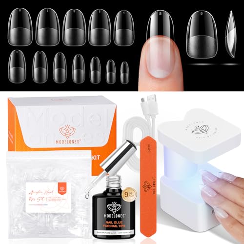 Modelones Gel Nail Kit Medium Oval Gel Nail Tips, 9-in-One Nail Glue with Portable U V Nail Lamp, 216Pcs 12Sizes Press On Acrylic False Nails Tip Nail Extension DIY Nails Art Gift for Women
