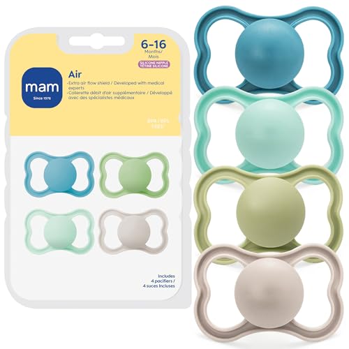 Image of MAM Air Pacifier for Babies 6-16 Months, Extra Air Flow for Sensitive Skin, Developed with Medical Experts, BPA-Free Skin Soft Silicone, 4 Count, Made in Europe