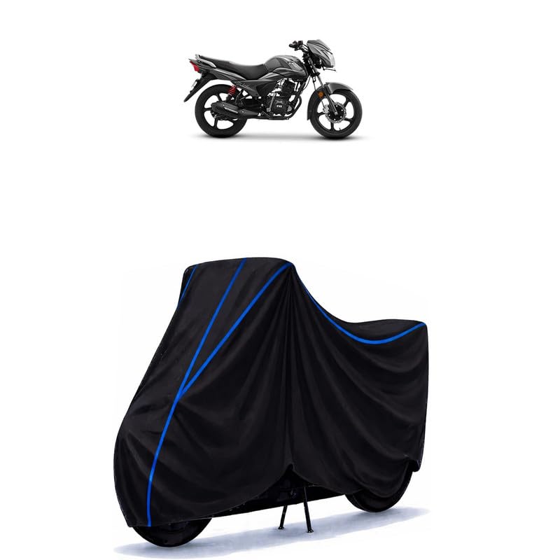 Image of TVS Victor Edge Bike Cover Water Resistant Universal Motorcycle Rain | Heavy Duty UV Protection, Dust, Scratch Indoor Outdoor All Weather with Black Blue Piping Elastic