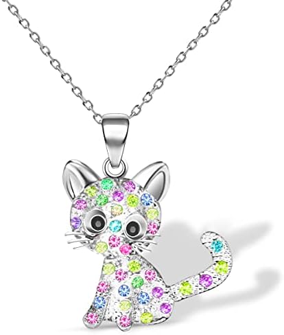 Cat Pendant Necklace for Girls Kids,Small Cute Kitty Rainbow Rhinestone Pendant Necklace Jewelry for Women Teen Girls 10-12,Crystal Choker Friendship Daughter Loved Gifts 18+2 inch Long Chain
