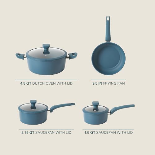 Image of Gibson Home Helensburgh 7-Piece PFA-Free Ceramic Nonstick Carbon Steel Cookware Set - Blue Pots and Pans with Glass Lids, Saucepan, Dutch Oven, Fry Pan
