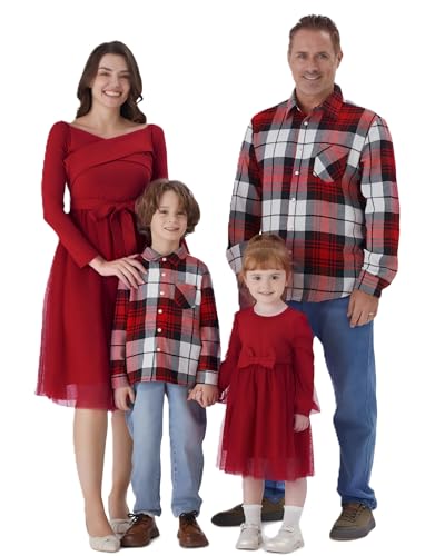 PATPAT Family Matching Outfits Set Dad and Son Outfit Plaid Button Down Shirts Burgundy Men Medium