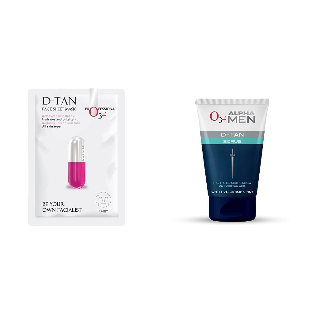 O3+ Facialist Dtan Face Sheet Mask (30g) & O3+ ALPHA MEN Acno D-TAN Scrub With Hyaluronic & Mint 50g - Detan Scrub for TAN removal Combo-image-8